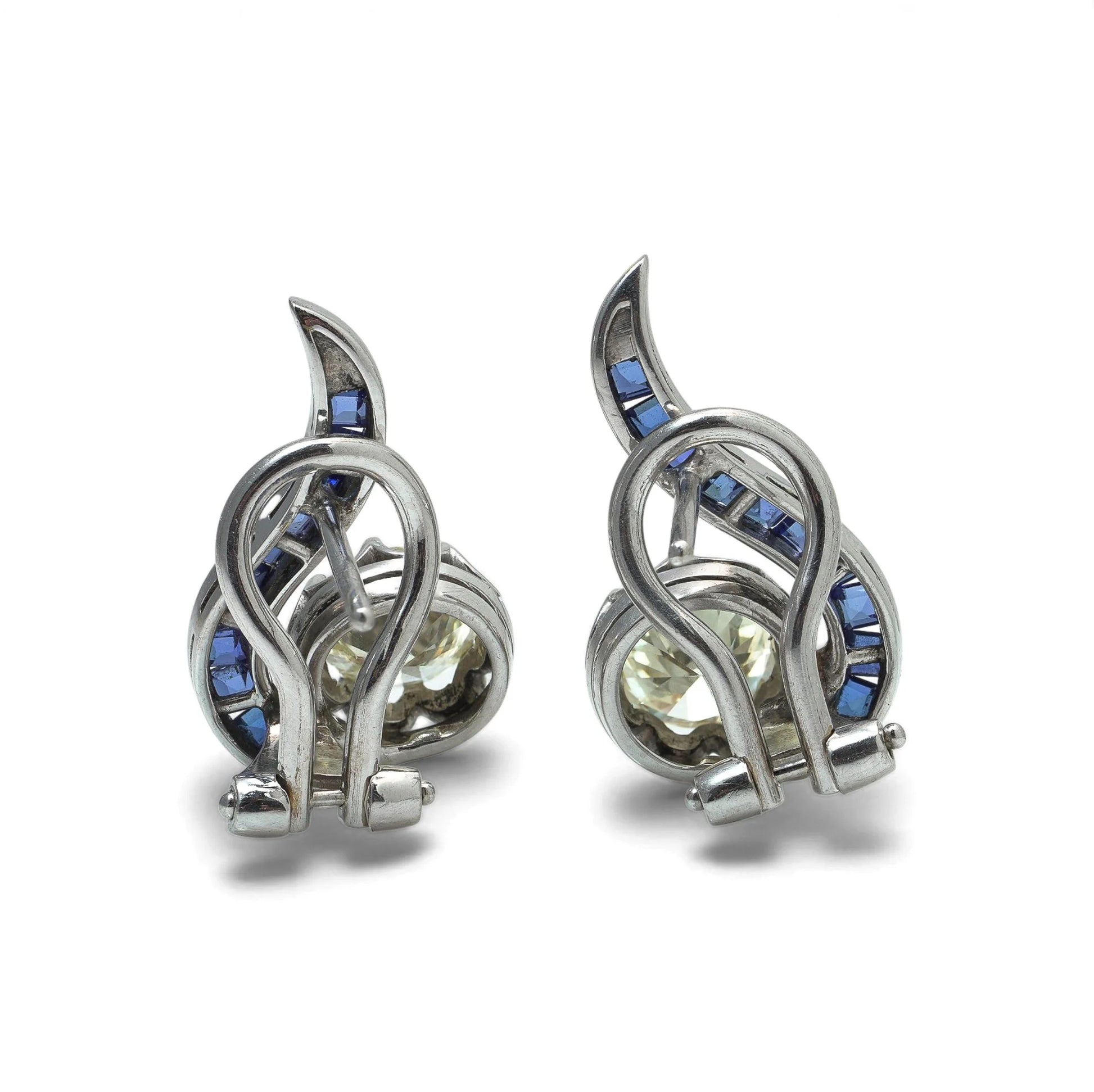 Vintage 18KT White Gold Sapphire and Diamond Swirl Clip Earrings