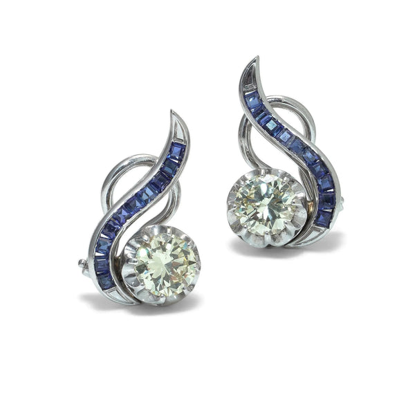 Vintage 18KT White Gold Sapphire and Diamond Swirl Clip Earrings