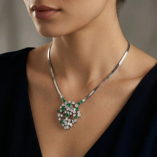 18KT White Gold Diamond and Emerald Necklace