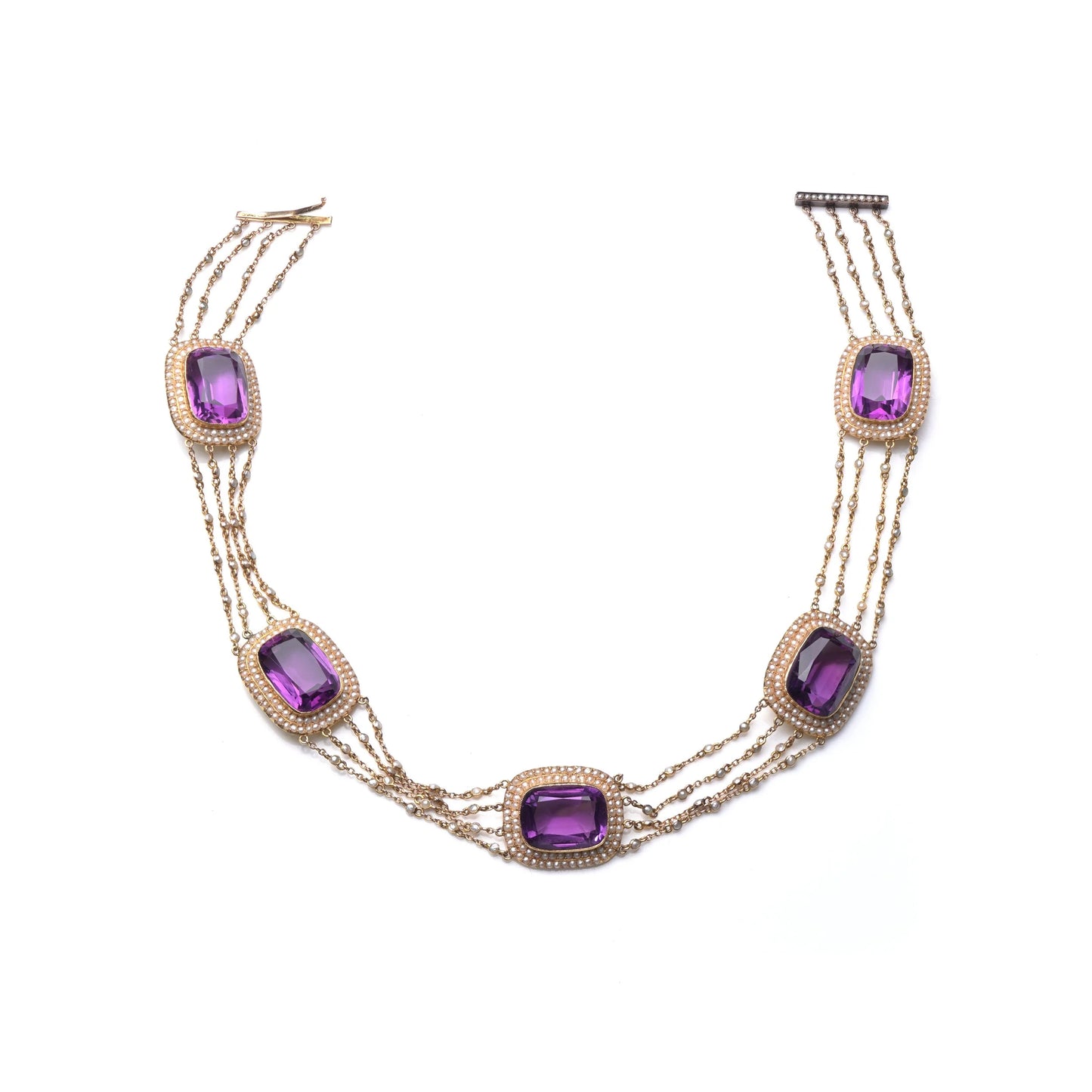 Victorian Natural Pearl and Amethyst Necklace in 14KT Gold