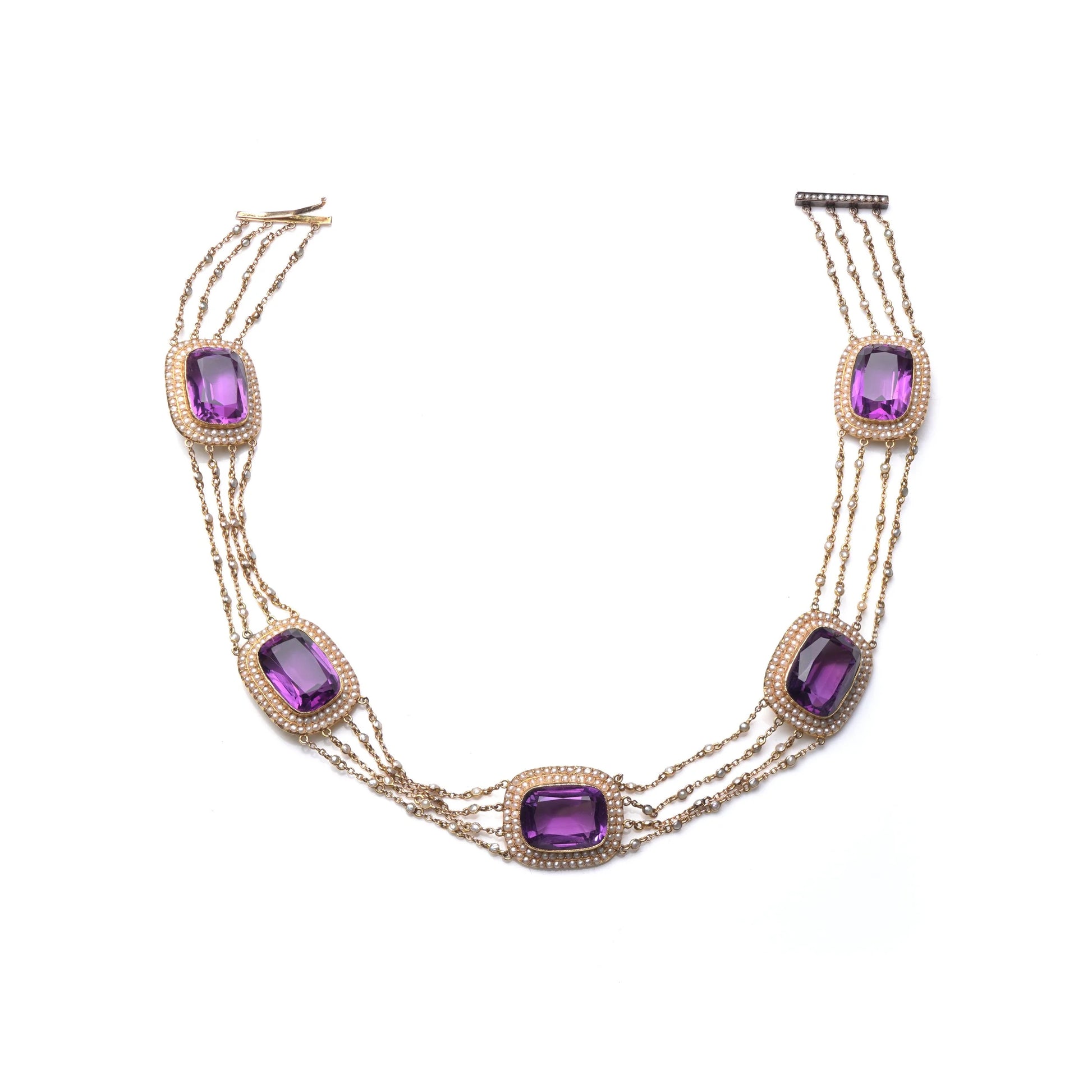 Victorian Natural Pearl and Amethyst Necklace in 14KT Gold