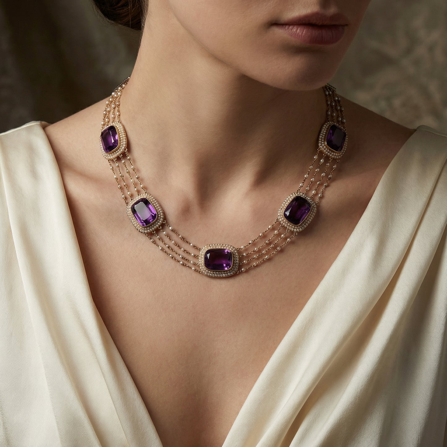 Victorian Natural Pearl and Amethyst Necklace in 14KT Gold