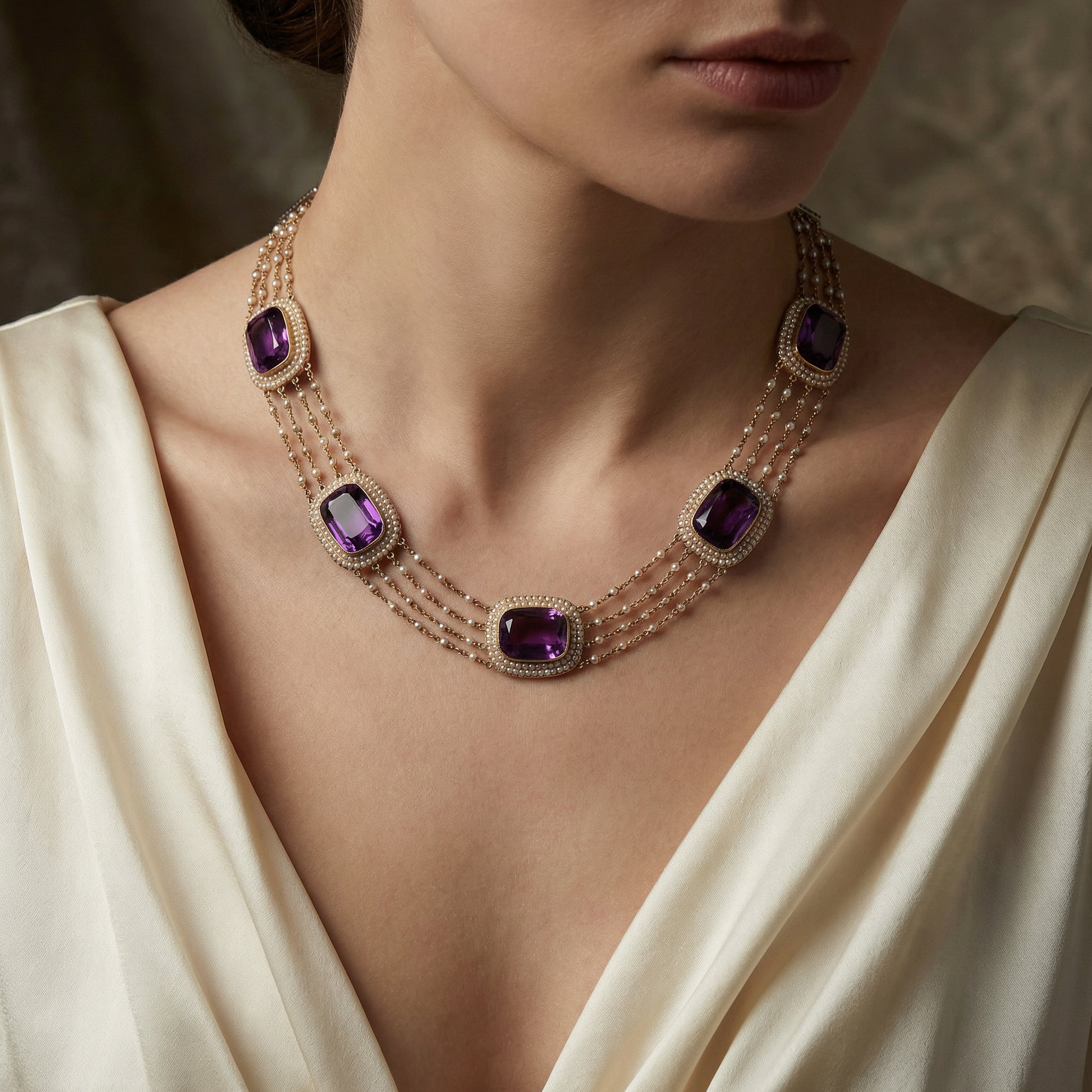 Victorian Natural Pearl and Amethyst Necklace in 14KT Gold