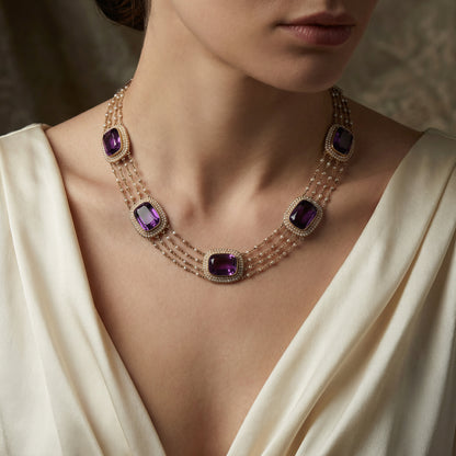 Victorian Natural Pearl and Amethyst Necklace in 14KT Gold