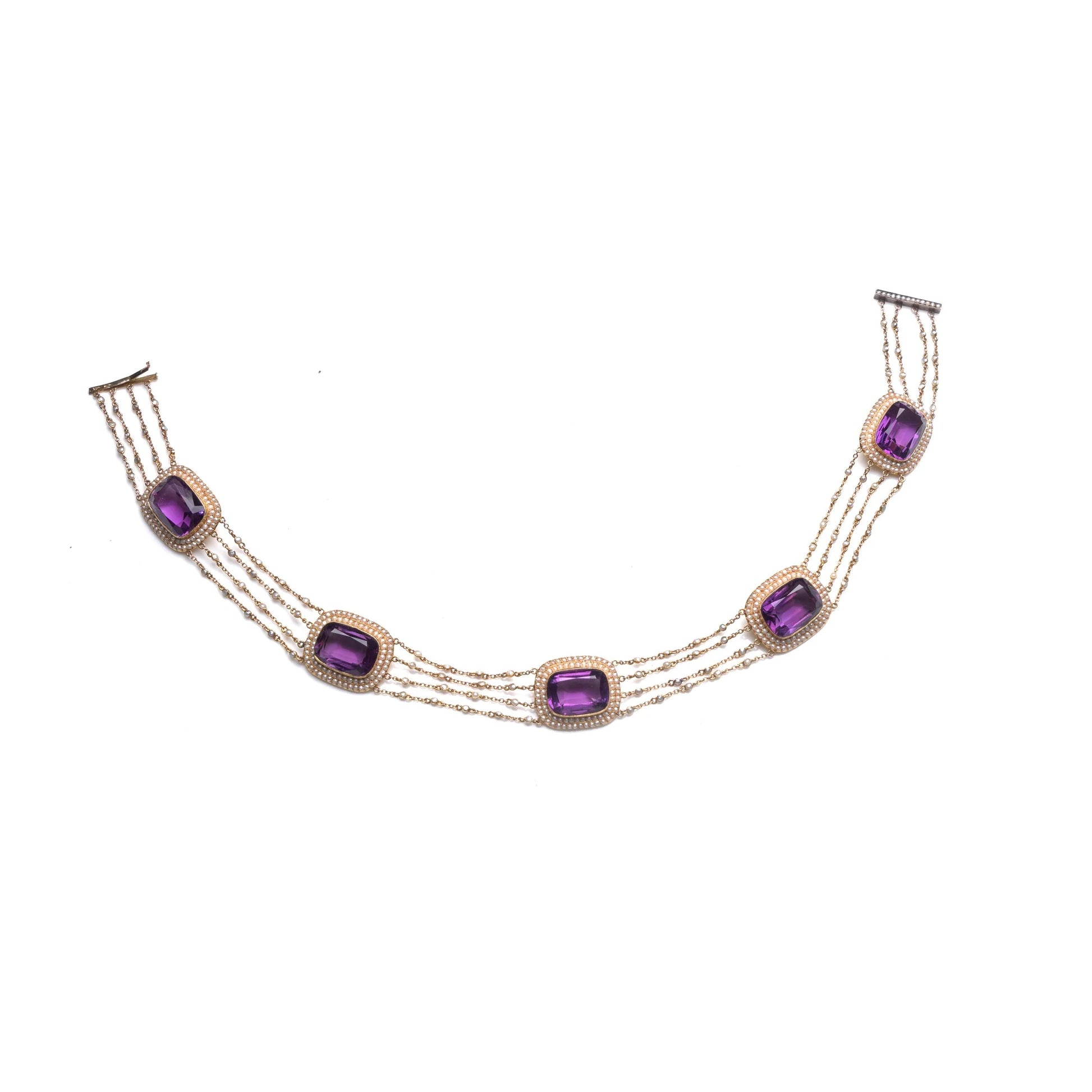 Victorian Natural Pearl and Amethyst Necklace in 14KT Gold