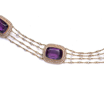 Victorian Natural Pearl and Amethyst Necklace in 14KT Gold