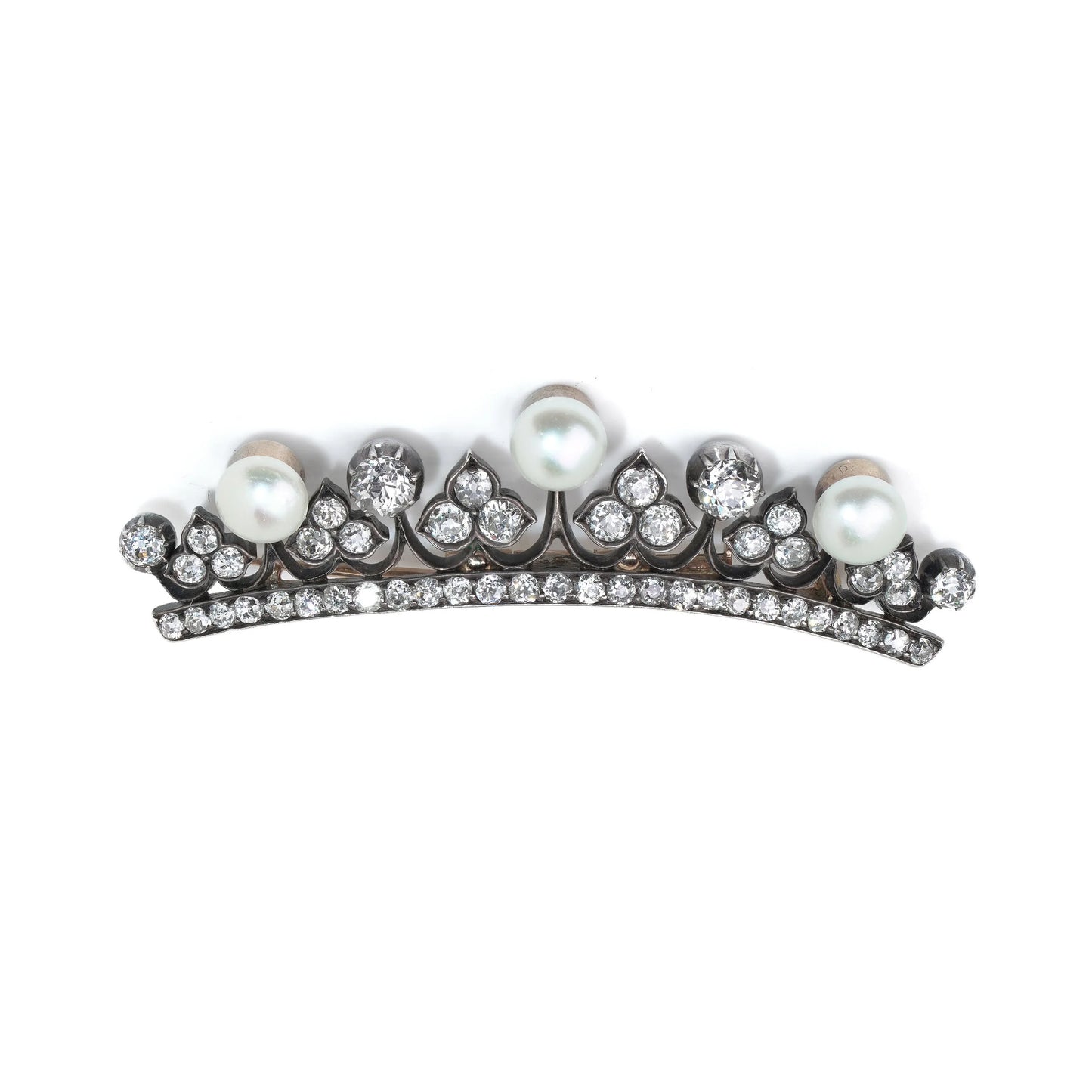 Victorian Diamond and Pearl Crown Brooch in 9KT Gold and Silver, Circa 1880s