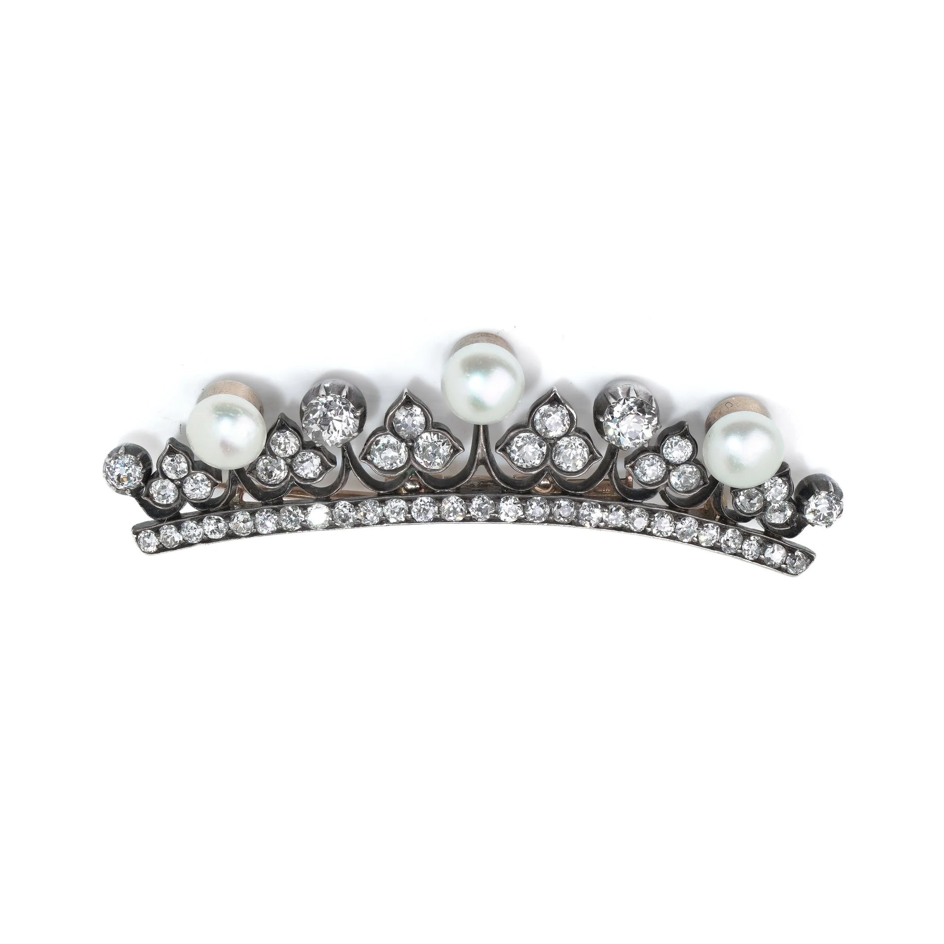 Victorian Diamond and Pearl Crown Brooch in 9KT Gold and Silver, Circa 1880s