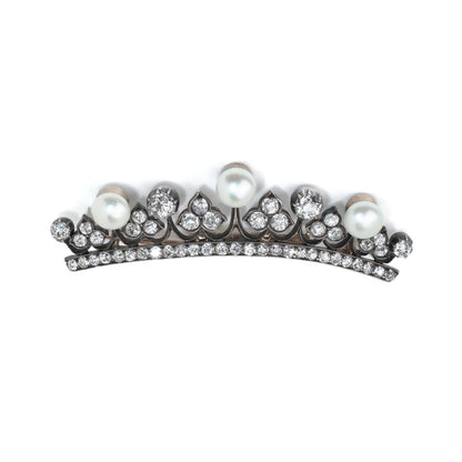 Victorian Diamond and Pearl Crown Brooch in 9KT Gold and Silver, Circa 1880s