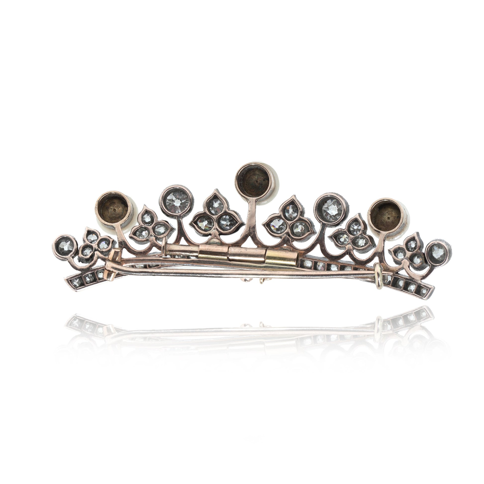 Victorian Diamond and Pearl Crown Brooch in 9KT Gold and Silver, Circa 1880s