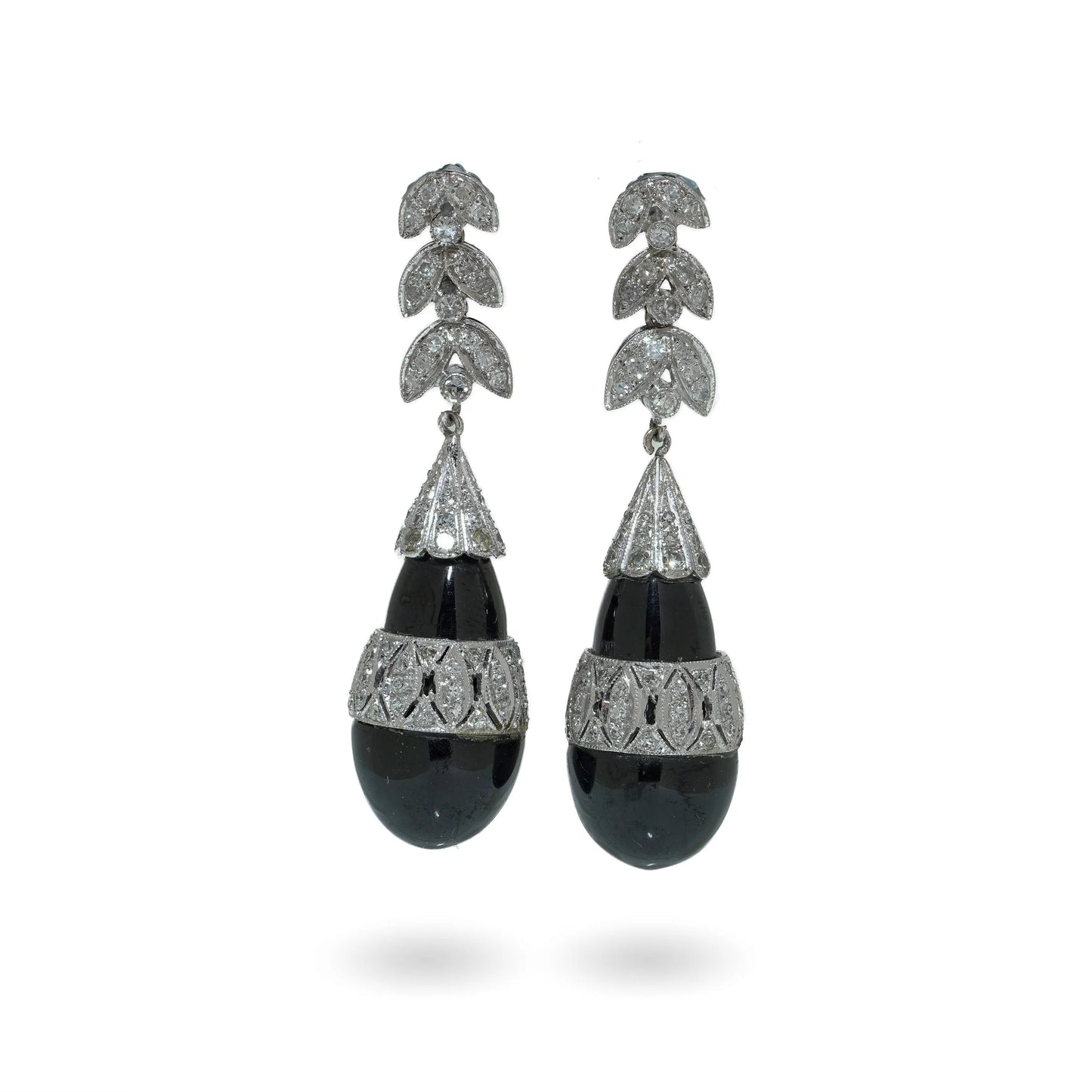 Art Deco Platinum Onyx and Diamond Drop Earrings
