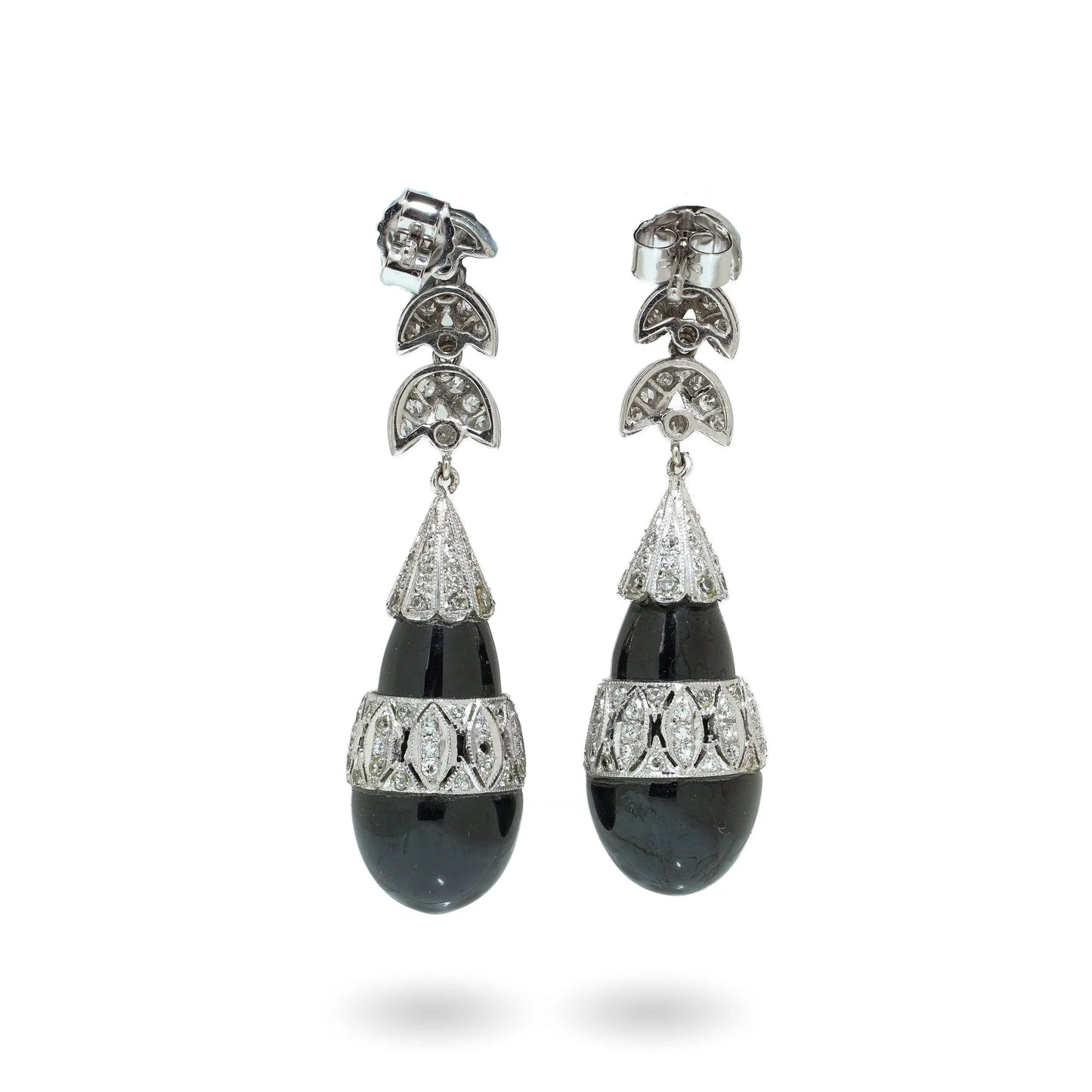 Art Deco Platinum Onyx and Diamond Drop Earrings