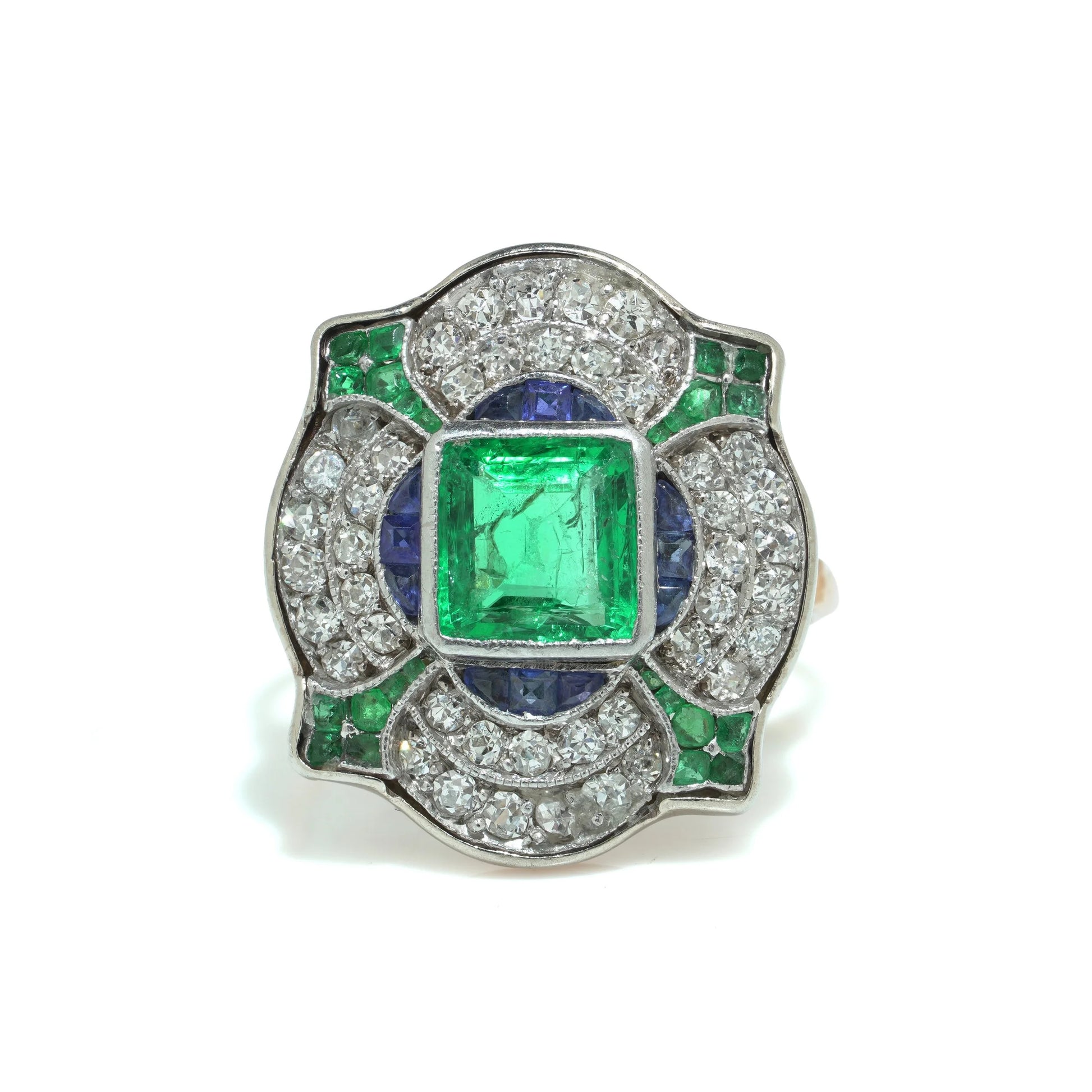Art Deco 18KT Gold, Platinum, Emerald, Sapphire and Diamond Ring