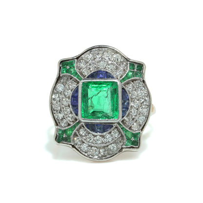 Art Deco 18KT Gold, Platinum, Emerald, Sapphire and Diamond Ring