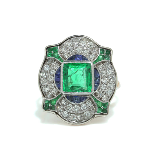 Art Deco 18KT Gold, Platinum, Emerald, Sapphire and Diamond Ring