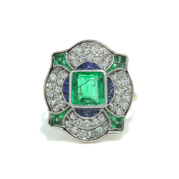 Art Deco 18KT Gold, Platinum, Emerald, Sapphire and Diamond Ring