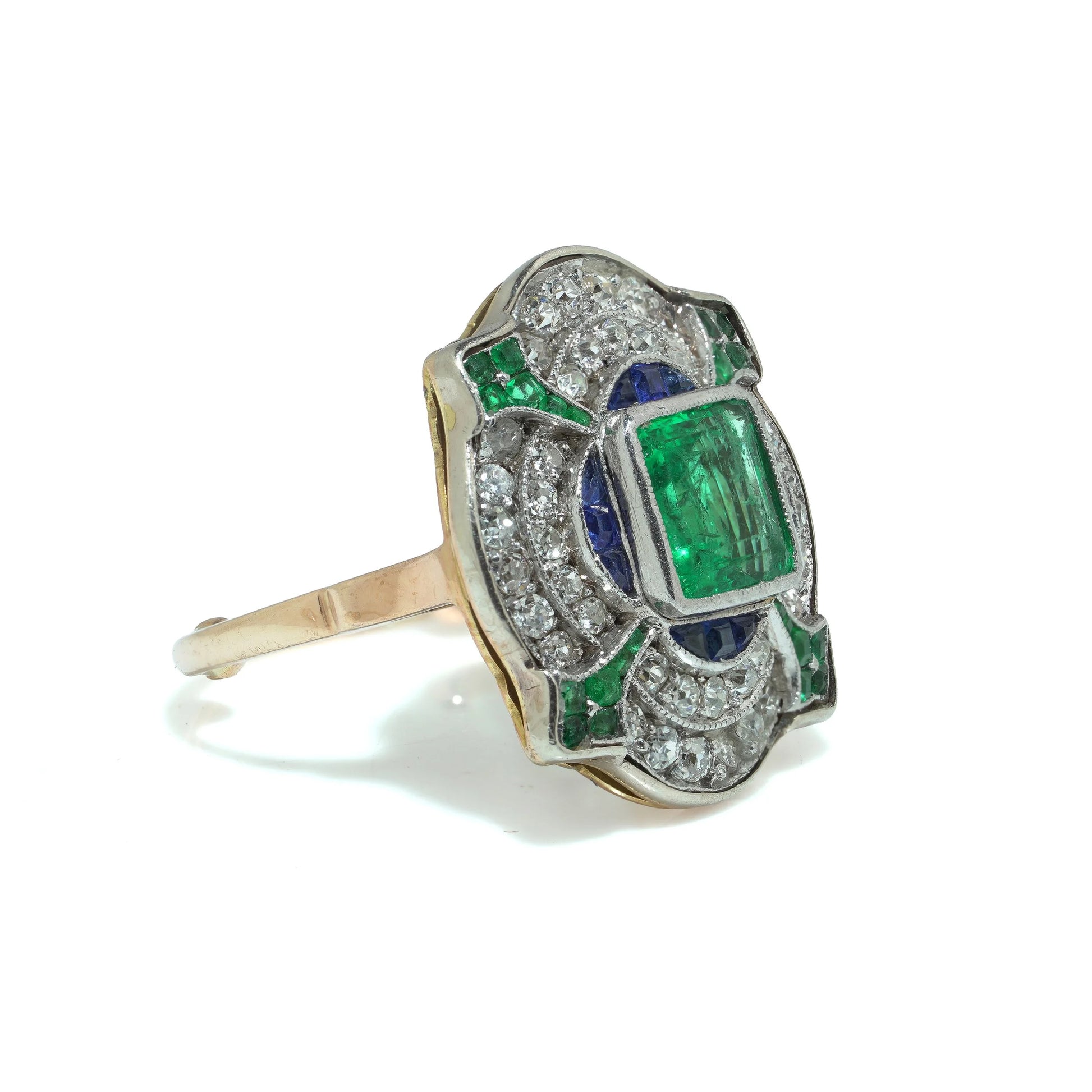 Art Deco 18KT Gold, Platinum, Emerald, Sapphire and Diamond Ring