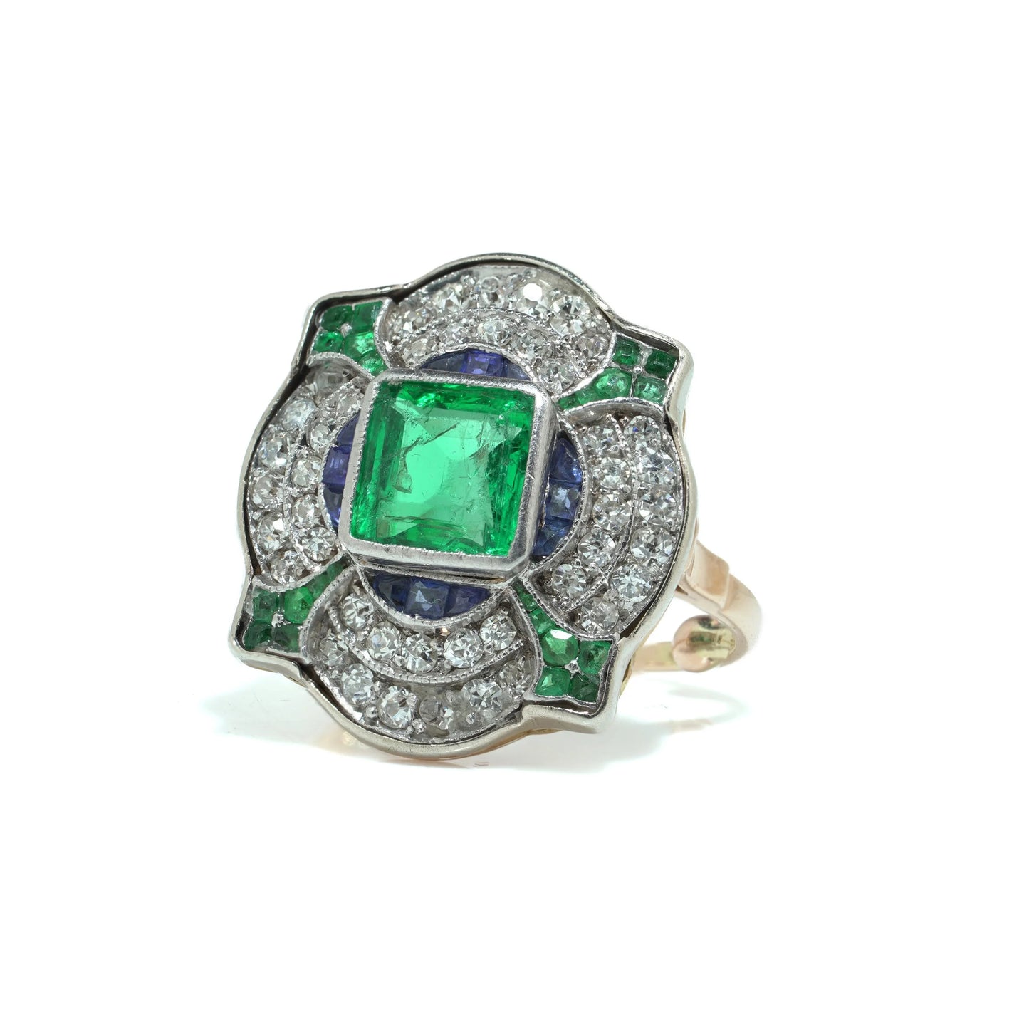 Art Deco 18KT Gold, Platinum, Emerald, Sapphire and Diamond Ring