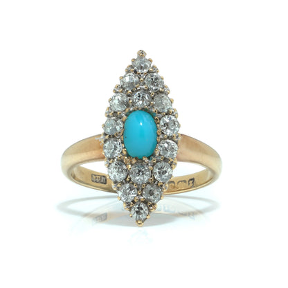 Early 20th Century 18KT Gold Turquoise and Old Cut Diamond Cluster Ring