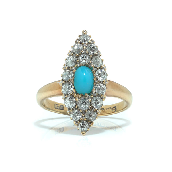 Early 20th Century 18KT Gold Turquoise and Old Cut Diamond Cluster Ring
