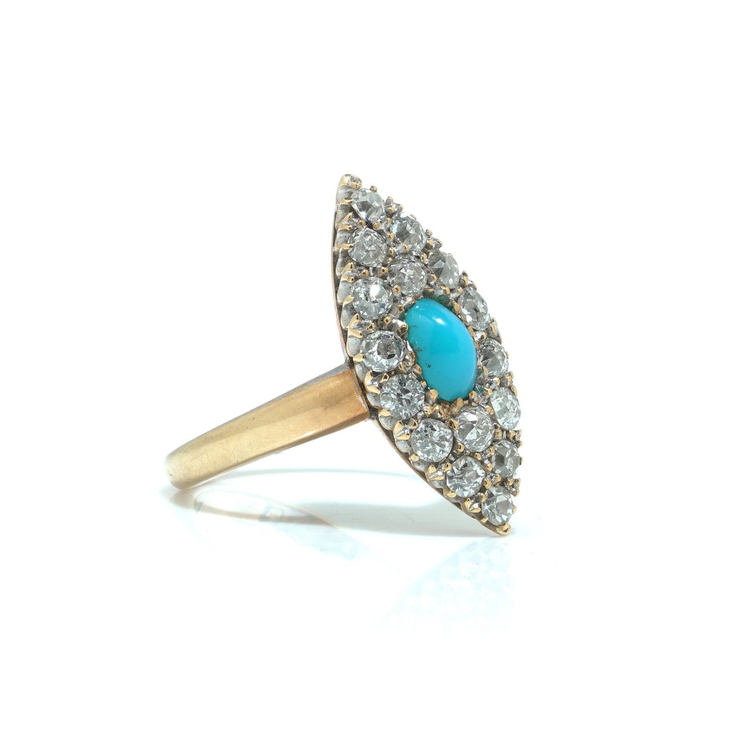 Early 20th Century 18KT Gold Turquoise and Old Cut Diamond Cluster Ring