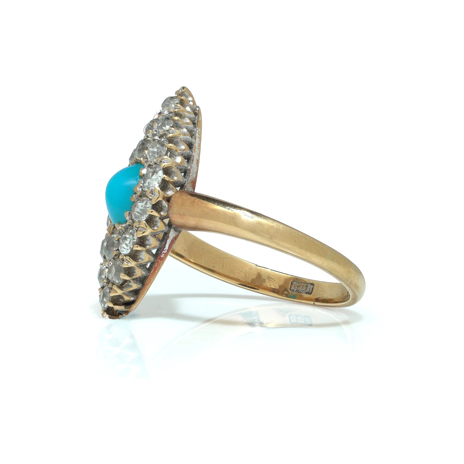 Early 20th Century 18KT Gold Turquoise and Old Cut Diamond Cluster Ring