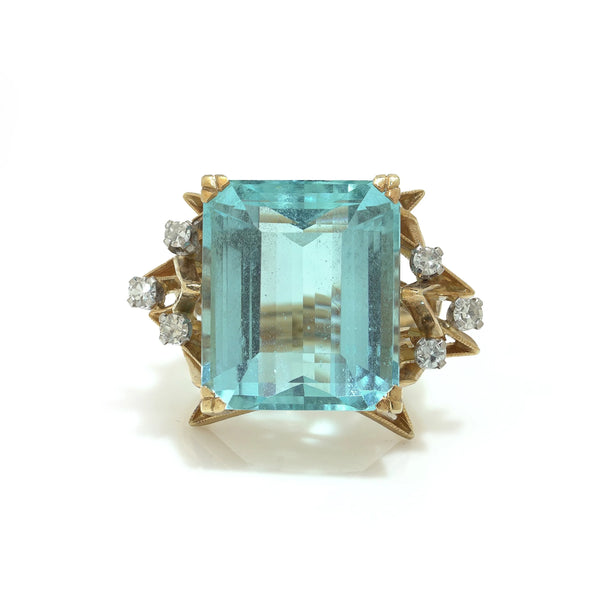 Retro 12cts Aquamarine and Diamond Cocktail Ring. Yellow Gold