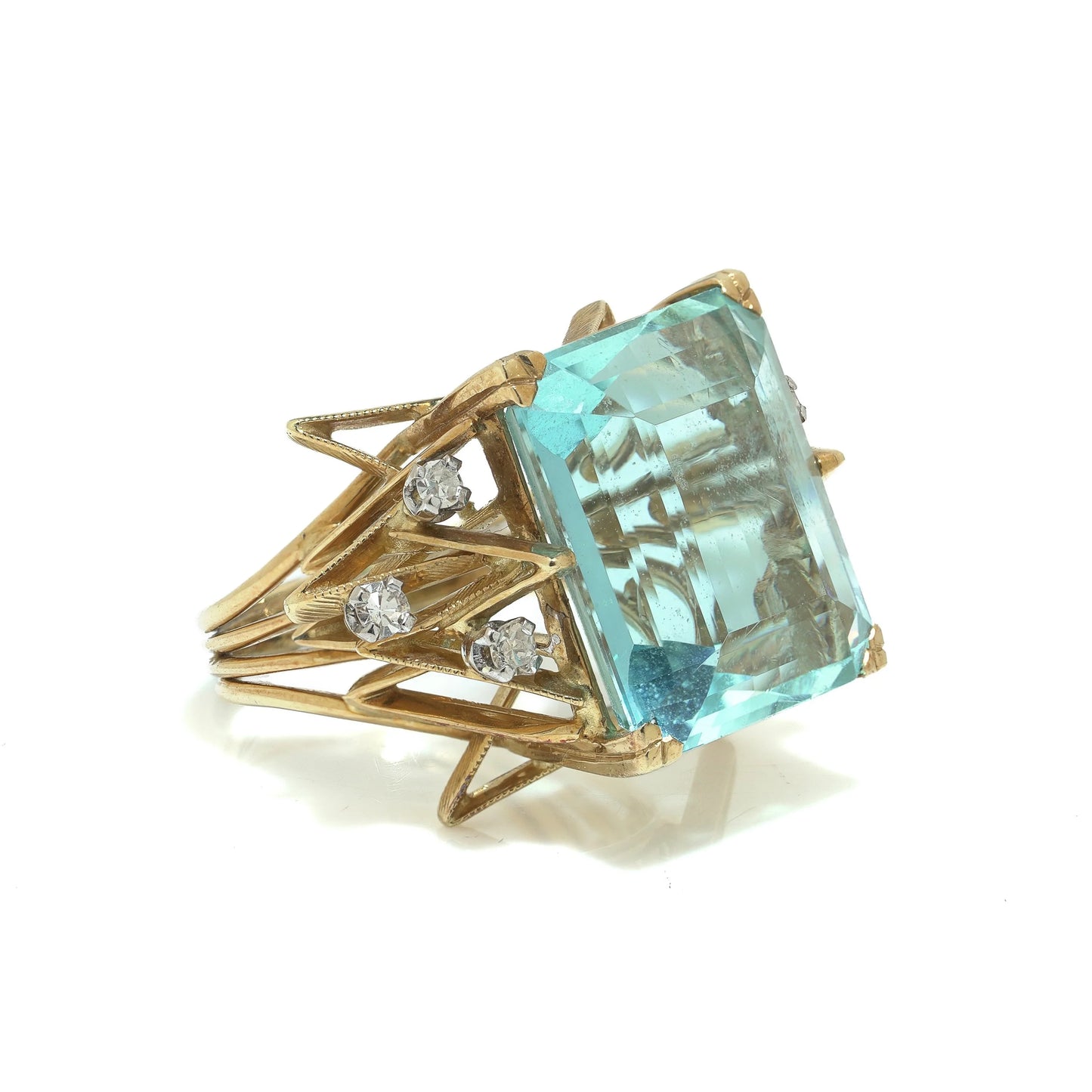 Retro 12cts Aquamarine and Diamond Cocktail Ring. Yellow Gold