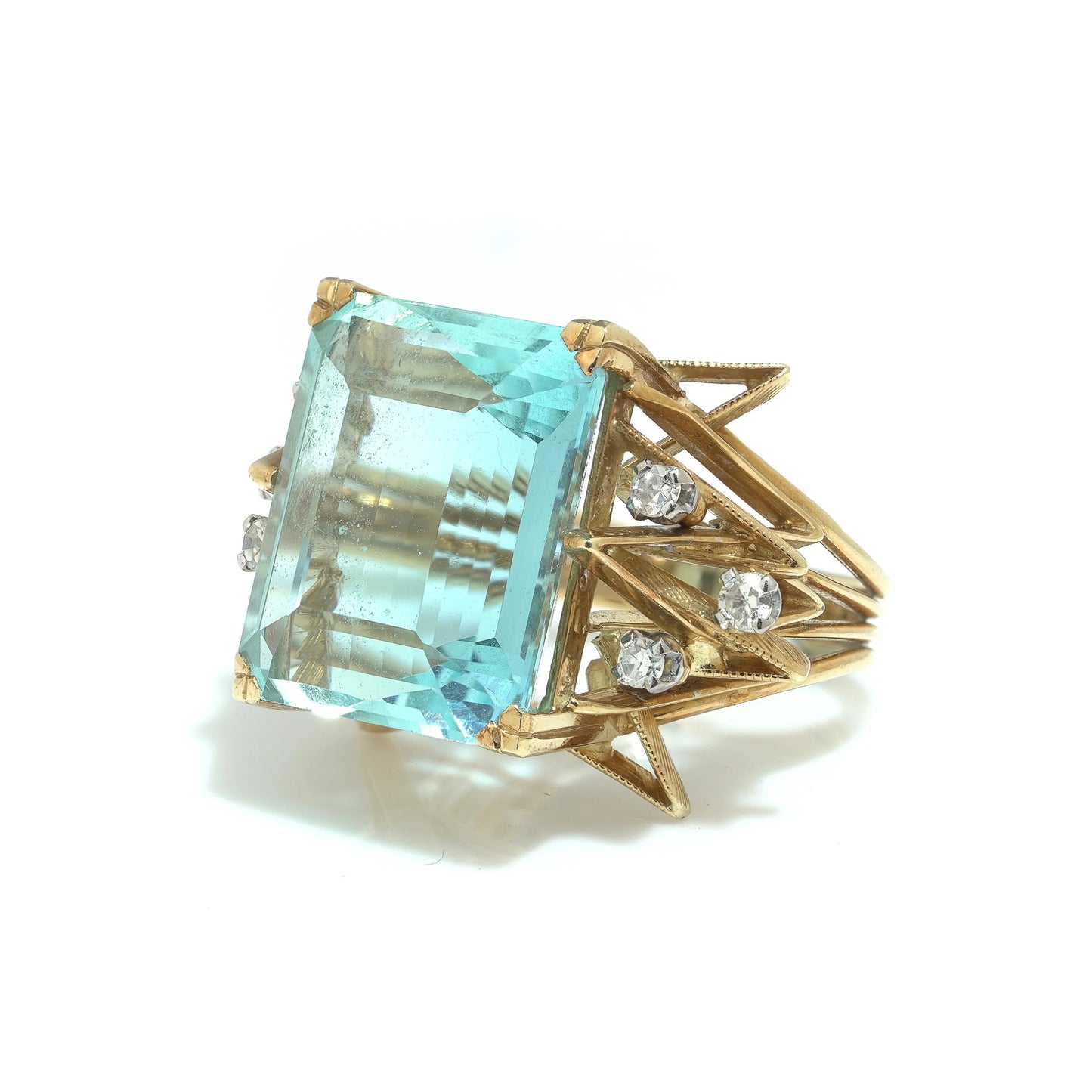 Retro 12cts Aquamarine and Diamond Cocktail Ring. Yellow Gold