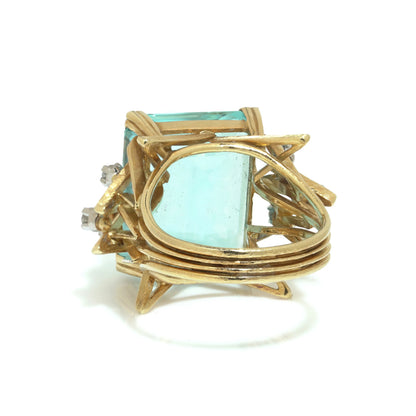 Retro 12cts Aquamarine and Diamond Cocktail Ring. Yellow Gold