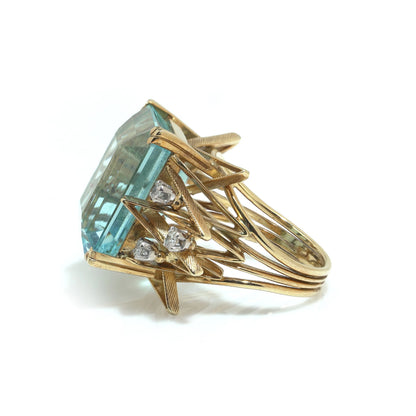 Retro 12cts Aquamarine and Diamond Cocktail Ring. Yellow Gold