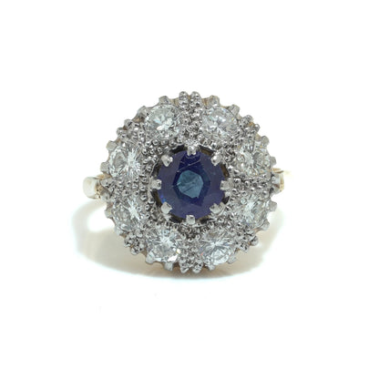 Vintage 1970s 18 ct Gold Sapphire and Diamond Cluster Engagement Ring