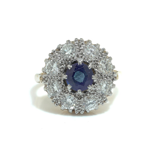 Vintage 1970s 18 ct Gold Sapphire and Diamond Cluster Engagement Ring