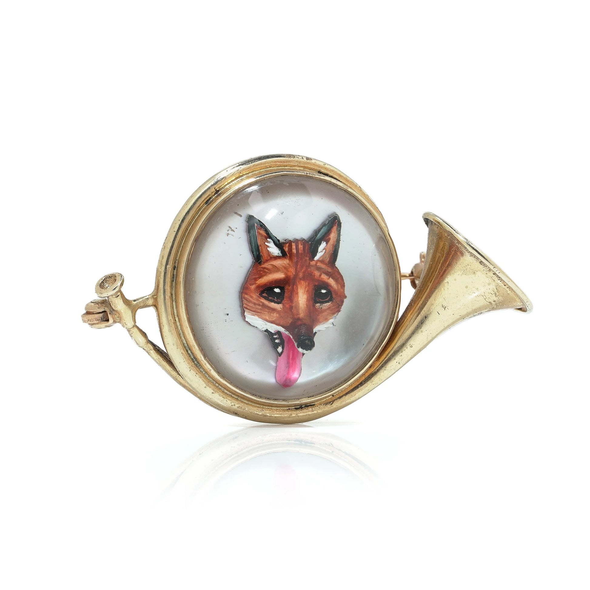 14KT Gold Essex Crystal Fox Hunting Horn Brooch, Circa 1910