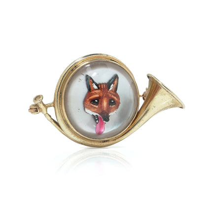 14KT Gold Essex Crystal Fox Hunting Horn Brooch, Circa 1910