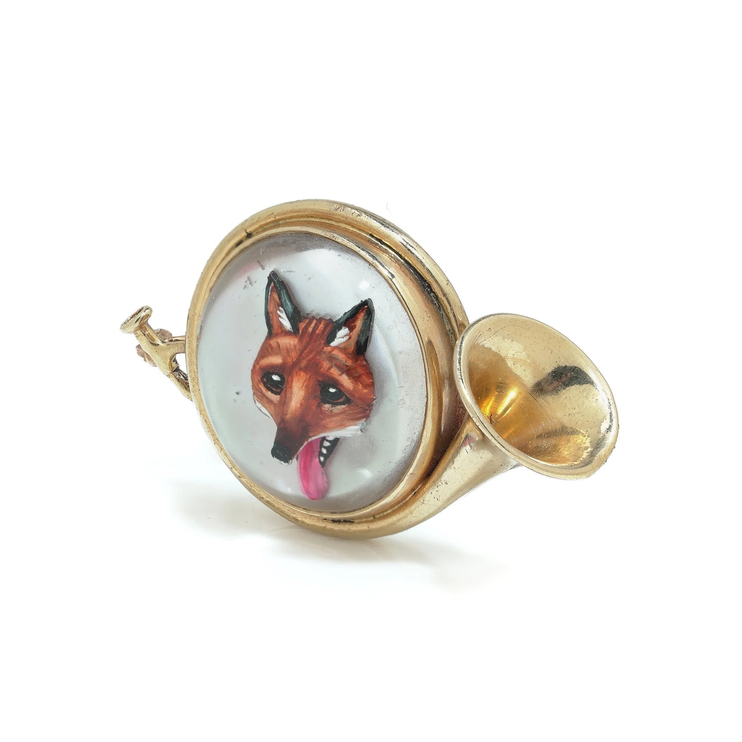 14KT Gold Essex Crystal Fox Hunting Horn Brooch, Circa 1910