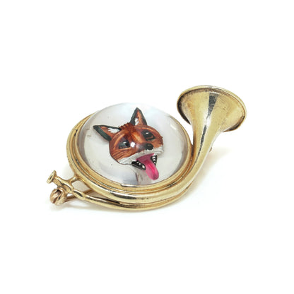14KT Gold Essex Crystal Fox Hunting Horn Brooch, Circa 1910