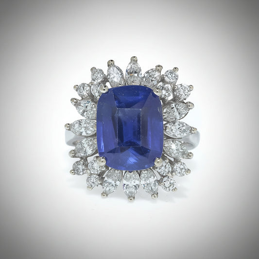 Vintage 4 carat natural sapphire and diamond cluster Cocktail Dress ring white gold 