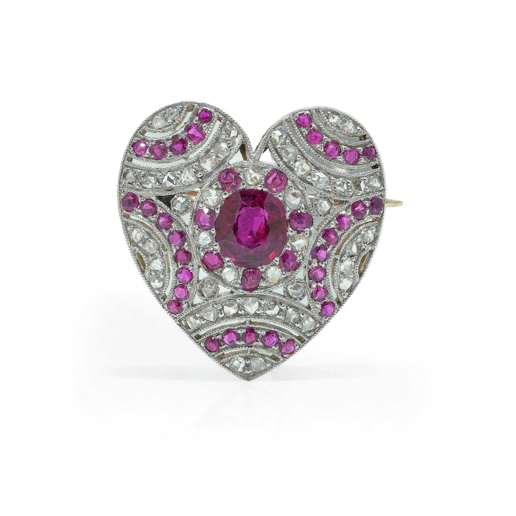Edwardian 15 Carat Gold, Platinum, Ruby and Diamond Heart Brooch