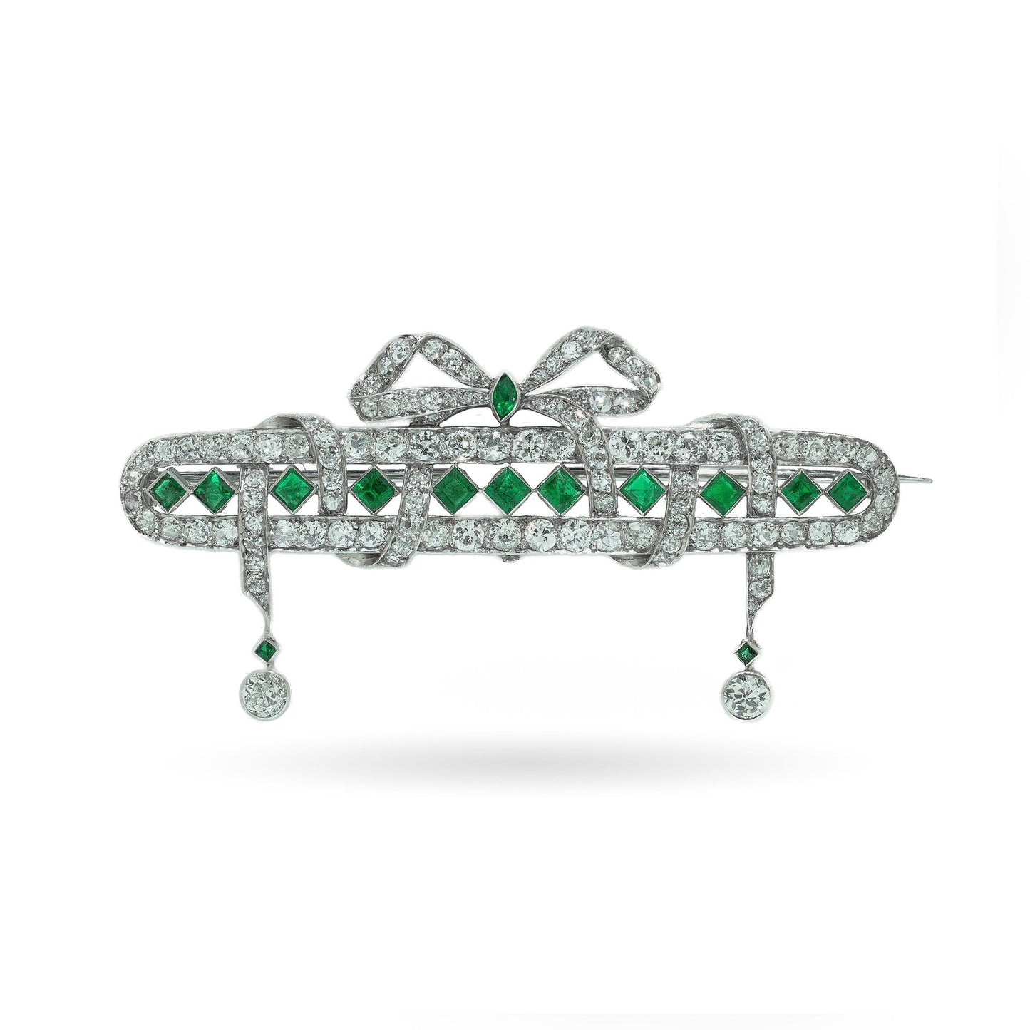 Art Deco Platinum Emerald and Diamond Bow Brooch with Diamond Drops