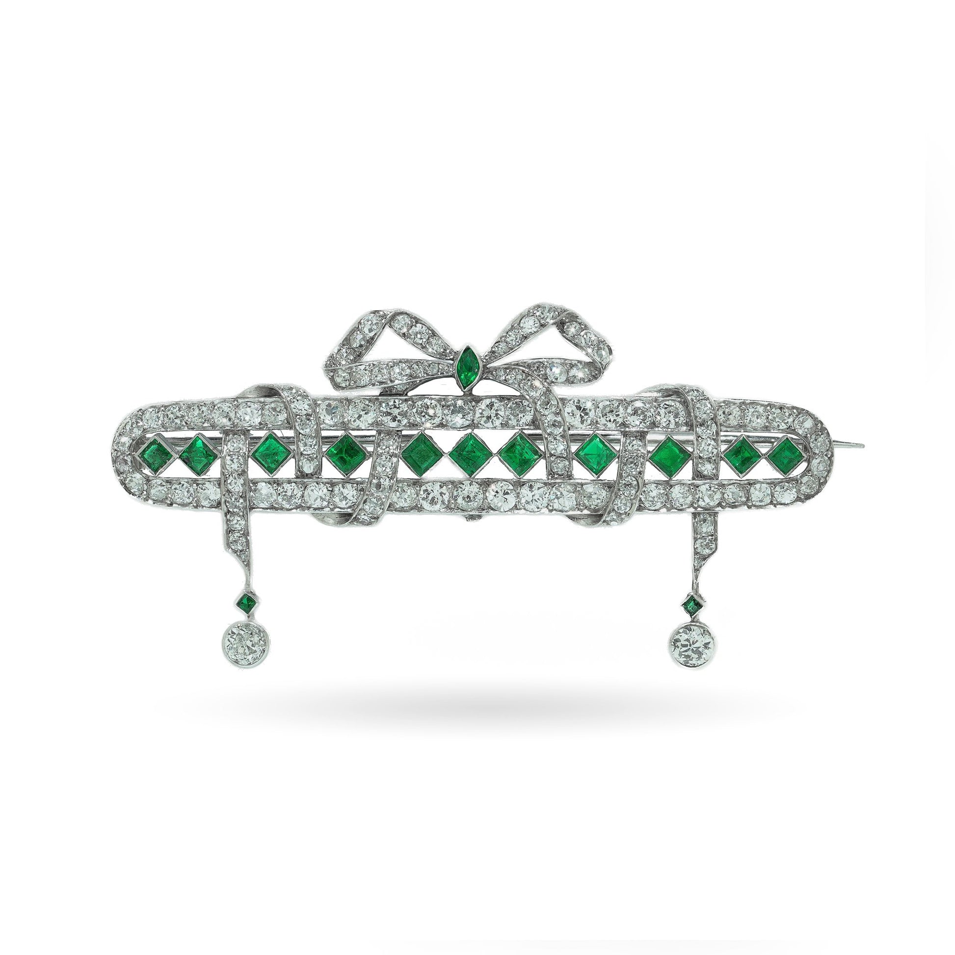 Art Deco Platinum Emerald and Diamond Bow Brooch with Diamond Drops