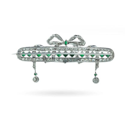 Art Deco Platinum Emerald and Diamond Bow Brooch with Diamond Drops