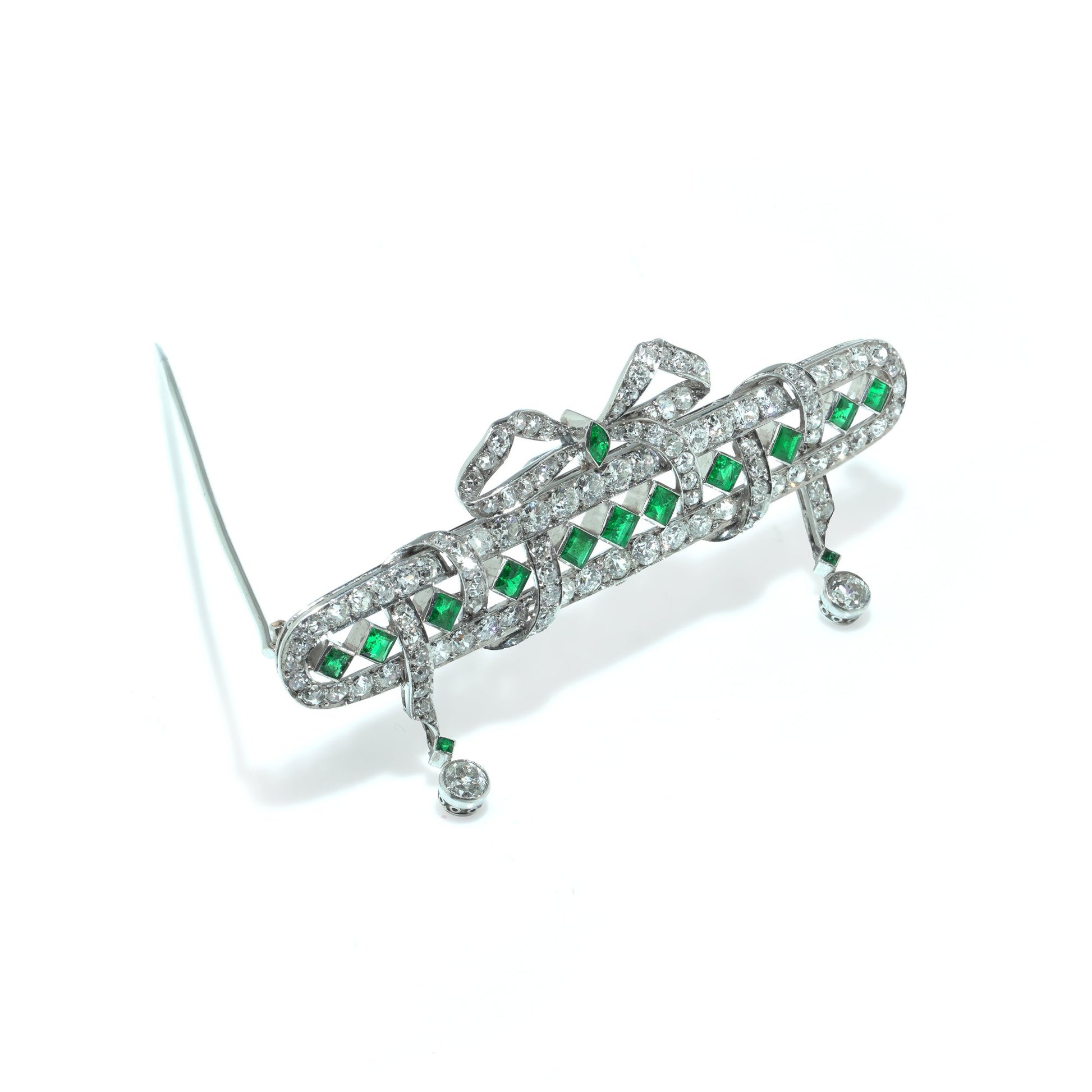 Art Deco Platinum Emerald and Diamond Bow Brooch with Diamond Drops