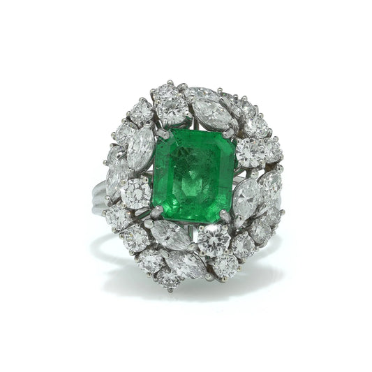 18 ct White Gold 3.22 ct Colombian Emerald Diamond Cluster Engagement Ring