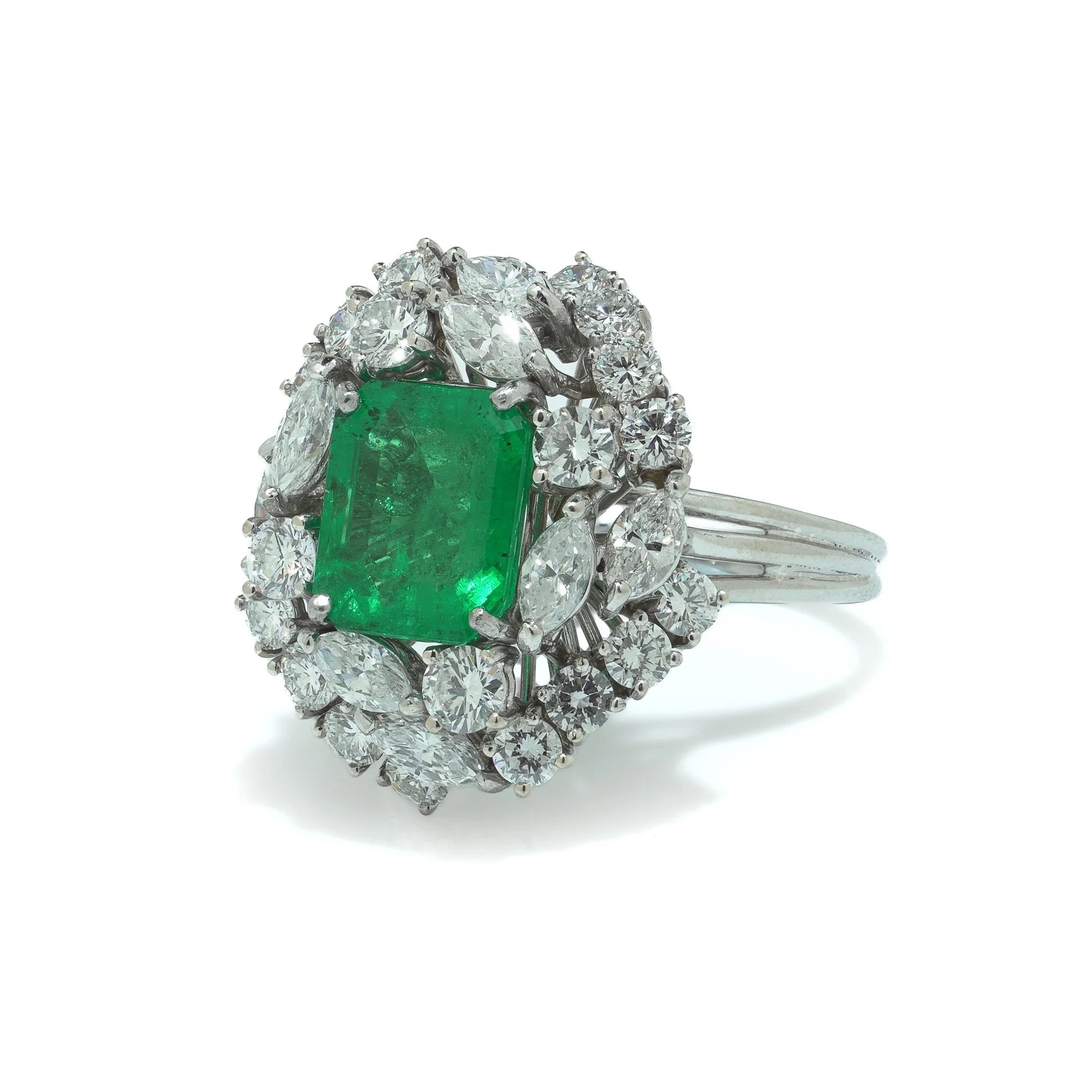 18 ct White Gold 3.22 ct Colombian Emerald Diamond Cluster Engagement Ring