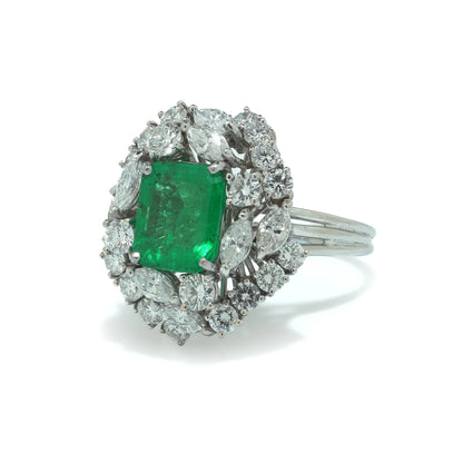 18 ct White Gold 3.22 ct Colombian Emerald Diamond Cluster Engagement Ring