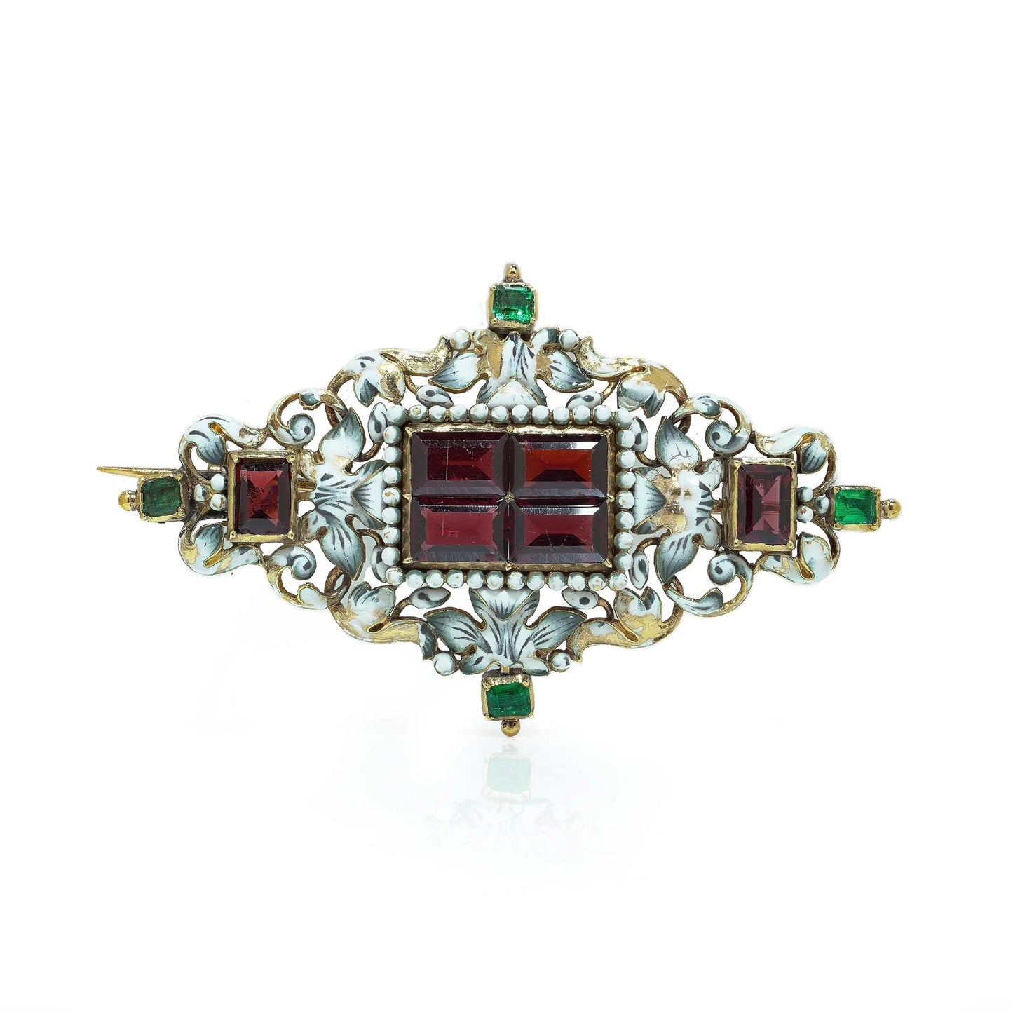 Antique French 18KT Enamel, Garnet and Emerald Renaissance Revival Brooch Pendant