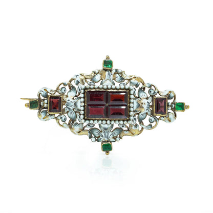 Antique French 18KT Enamel, Garnet and Emerald Renaissance Revival Brooch Pendant