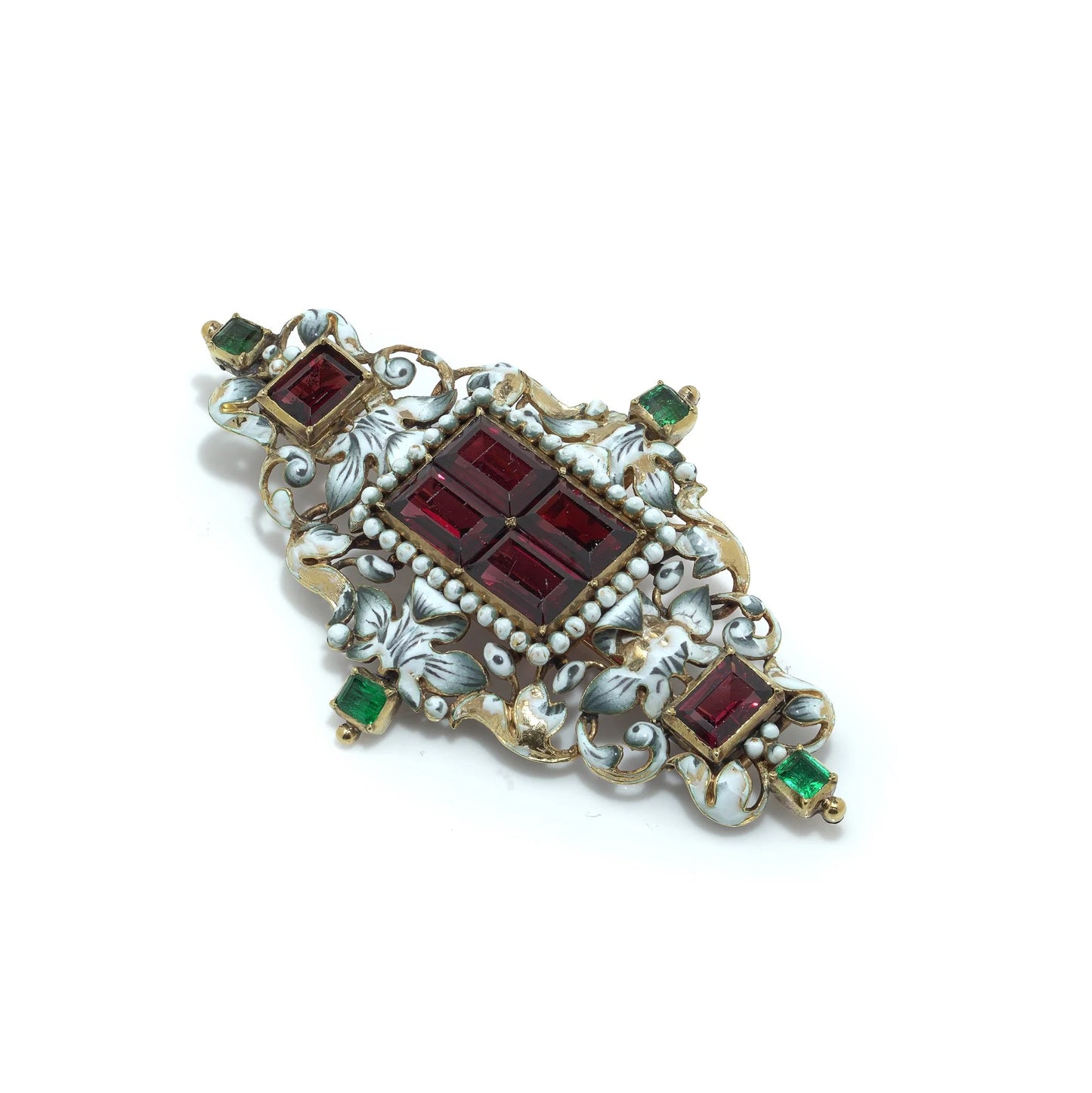 Antique French 18KT Enamel, Garnet and Emerald Renaissance Revival Brooch Pendant
