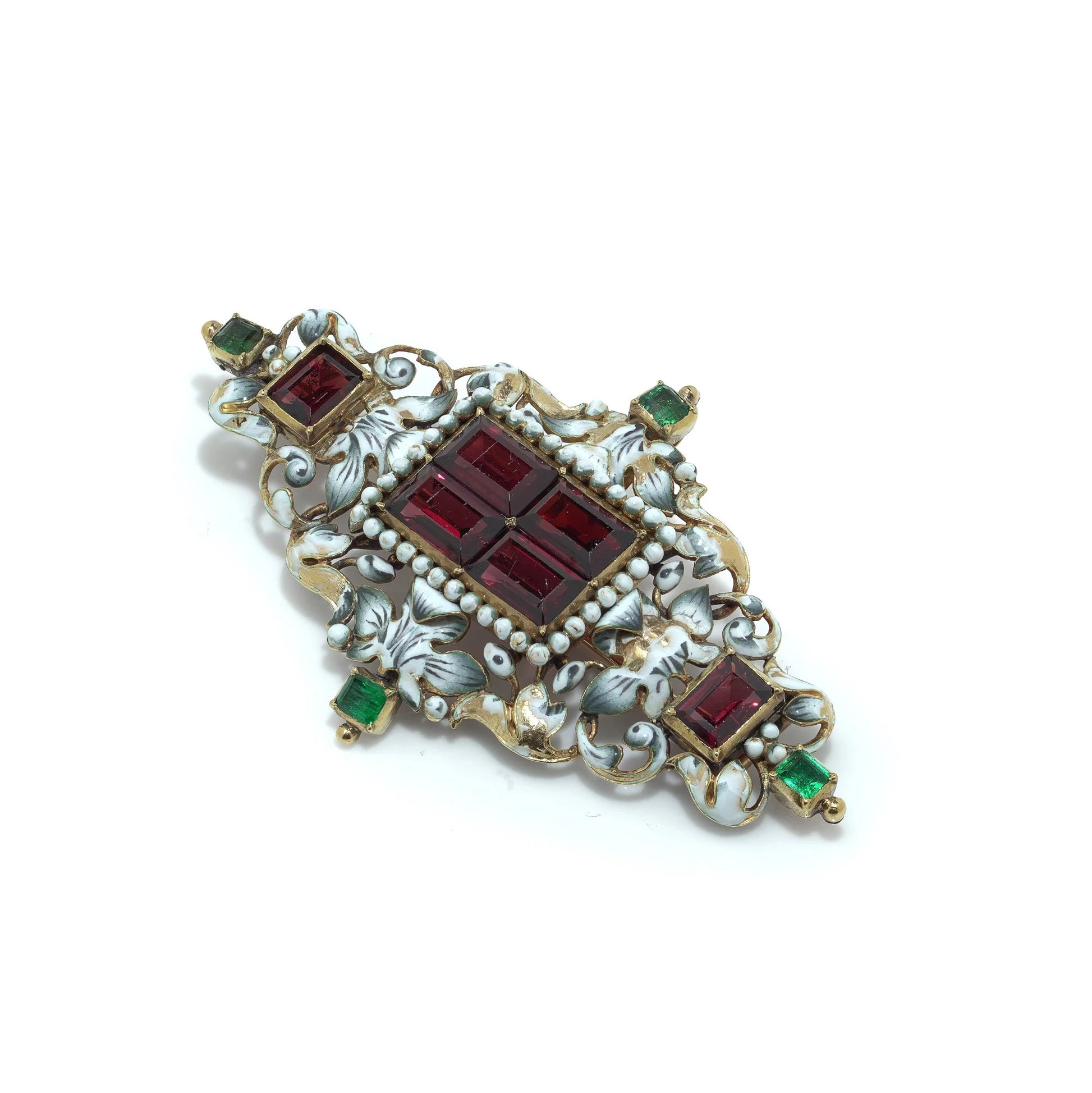 Antique French 18KT Enamel, Garnet and Emerald Renaissance Revival Brooch Pendant